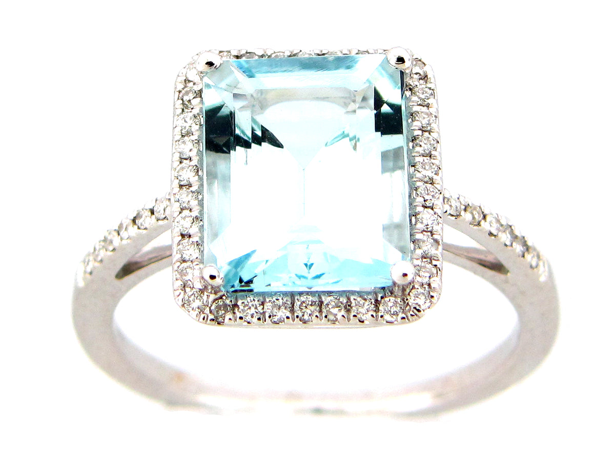 AQUAMARINE & DIAMOND RING, 14KW (H)