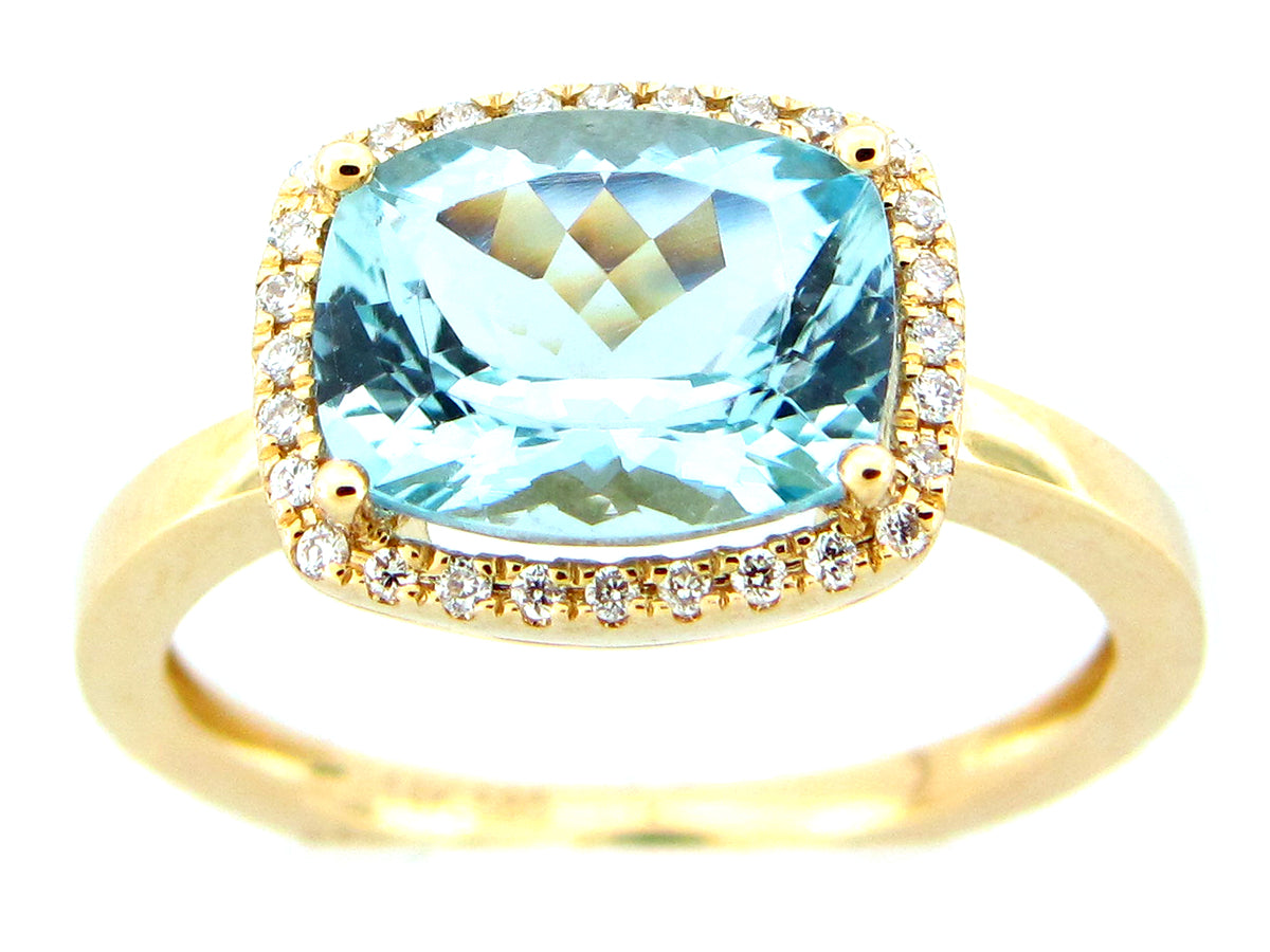 AQUAMARINE CUSHION & DIAMOND HALO RING, 14KY (H)