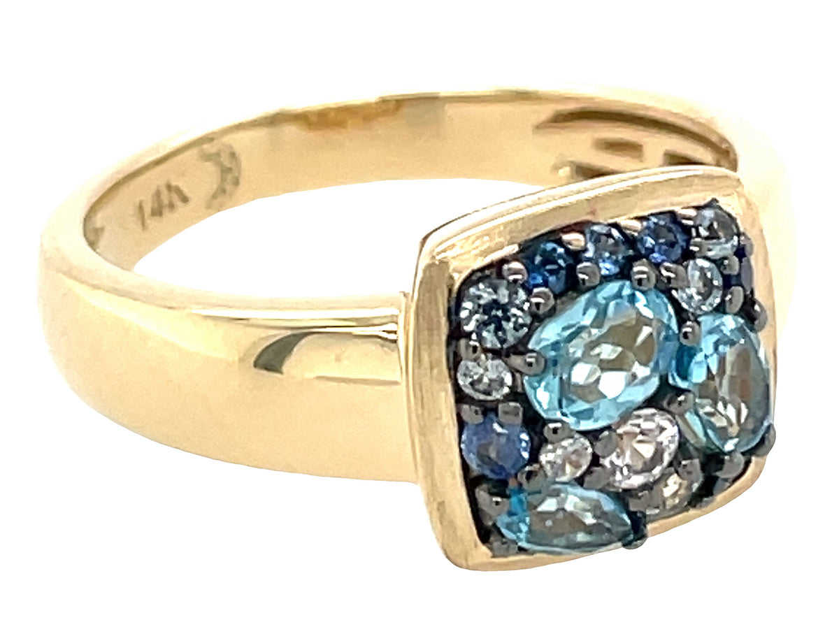 BLUE SAPPHIRE & BLUE TOPAZ CUSHION CLUSTER RING, SATIN FINISH BEZEL