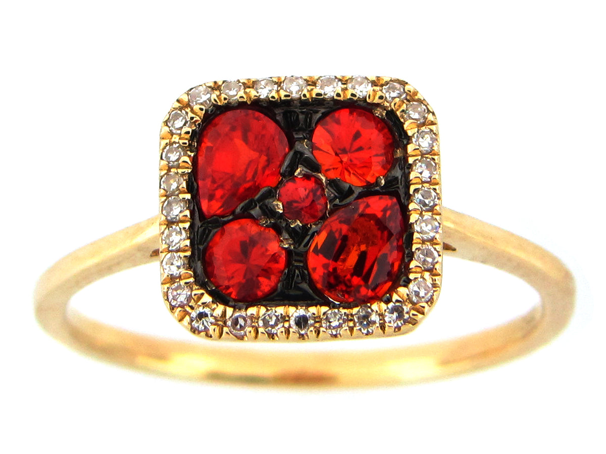 ORANGE SAPPHIRE & DIAMOND CUSHION RING, 14KY (U/N)