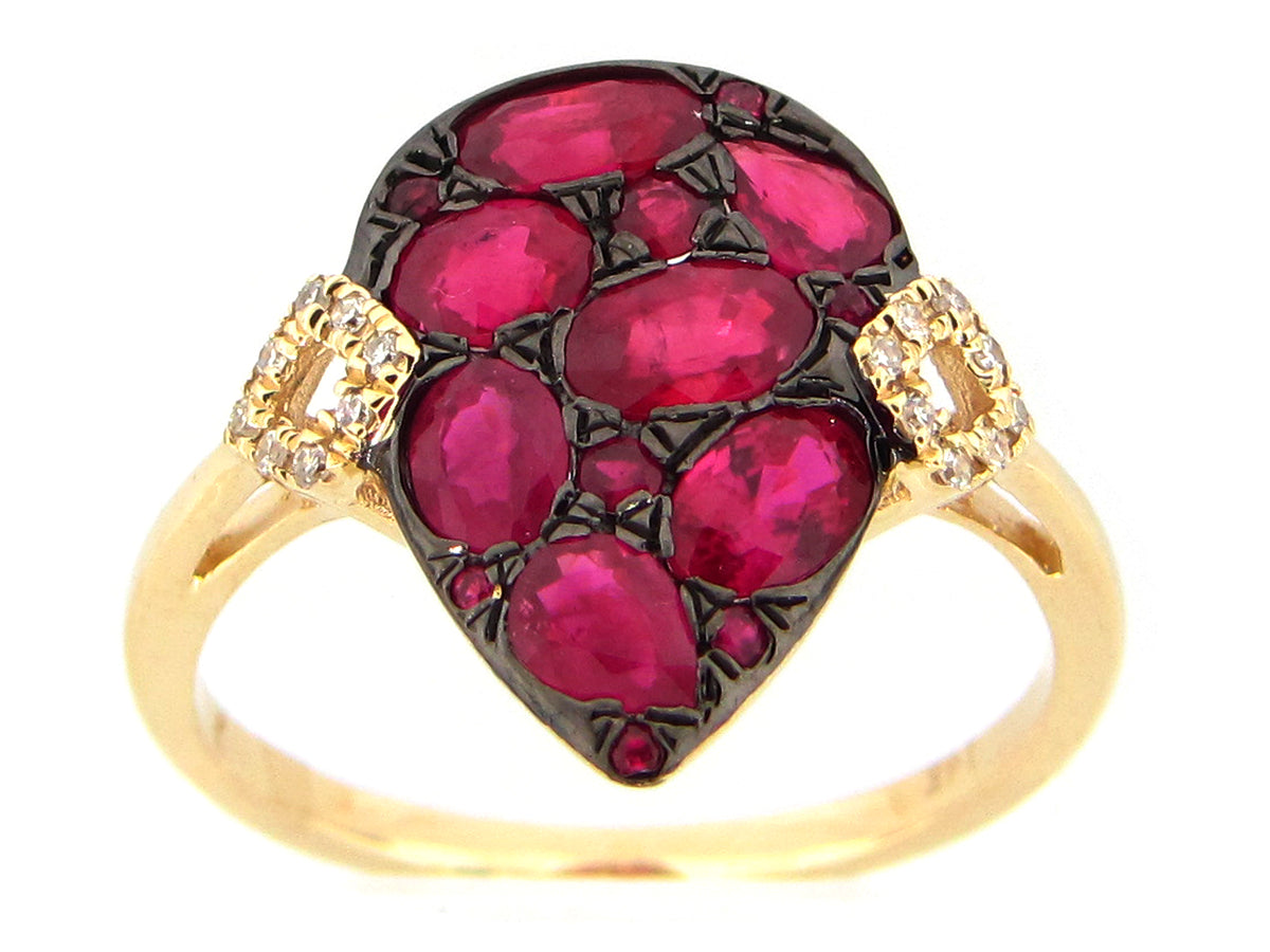 RUBY & DIAMOND PEAR CLUSTER RING, 14KY (H)