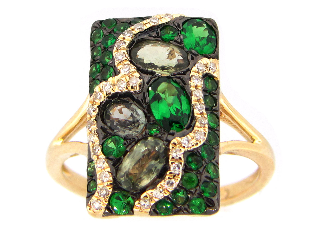 TSAVORITE , GREEN SAPPHIRE & DIAMOND RING, 14KY (N/H)