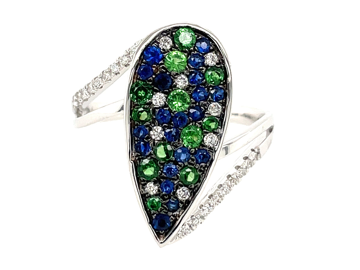 BLUE SAPPHIRE, TSAVORITE & DIAMOND PAVE PEAR SPLIT SHANK RING