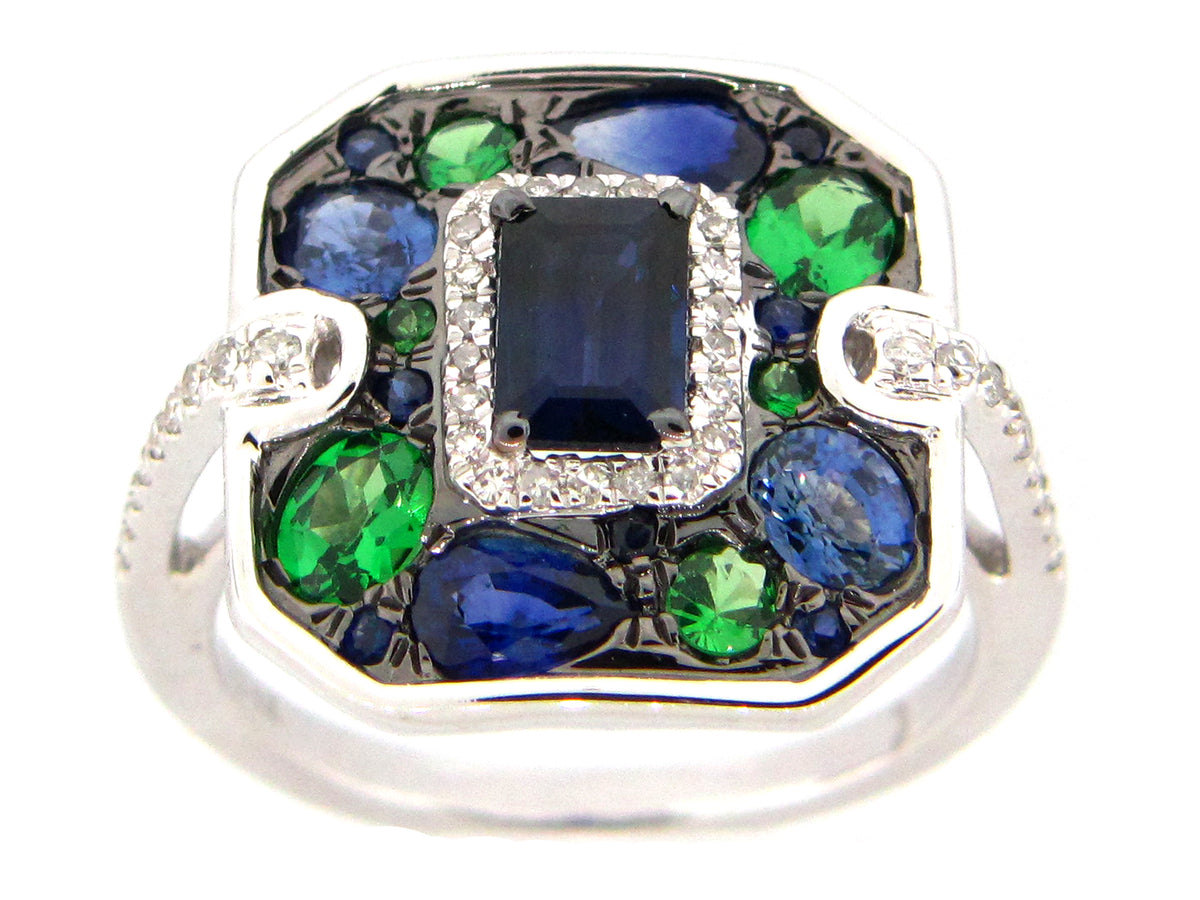 SAPPHIRE, TSAORITE & DIAMOND RING, 14KW (H/N)