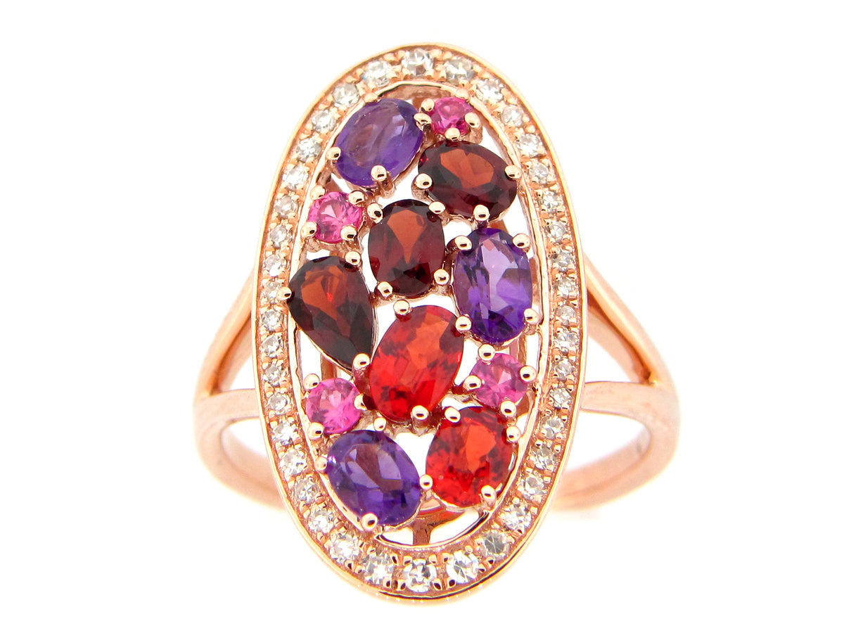 FANCY COLOR SAPPHIRE, AMETHYST, GARNET & DIAMOND RING, 14KR (H/N)