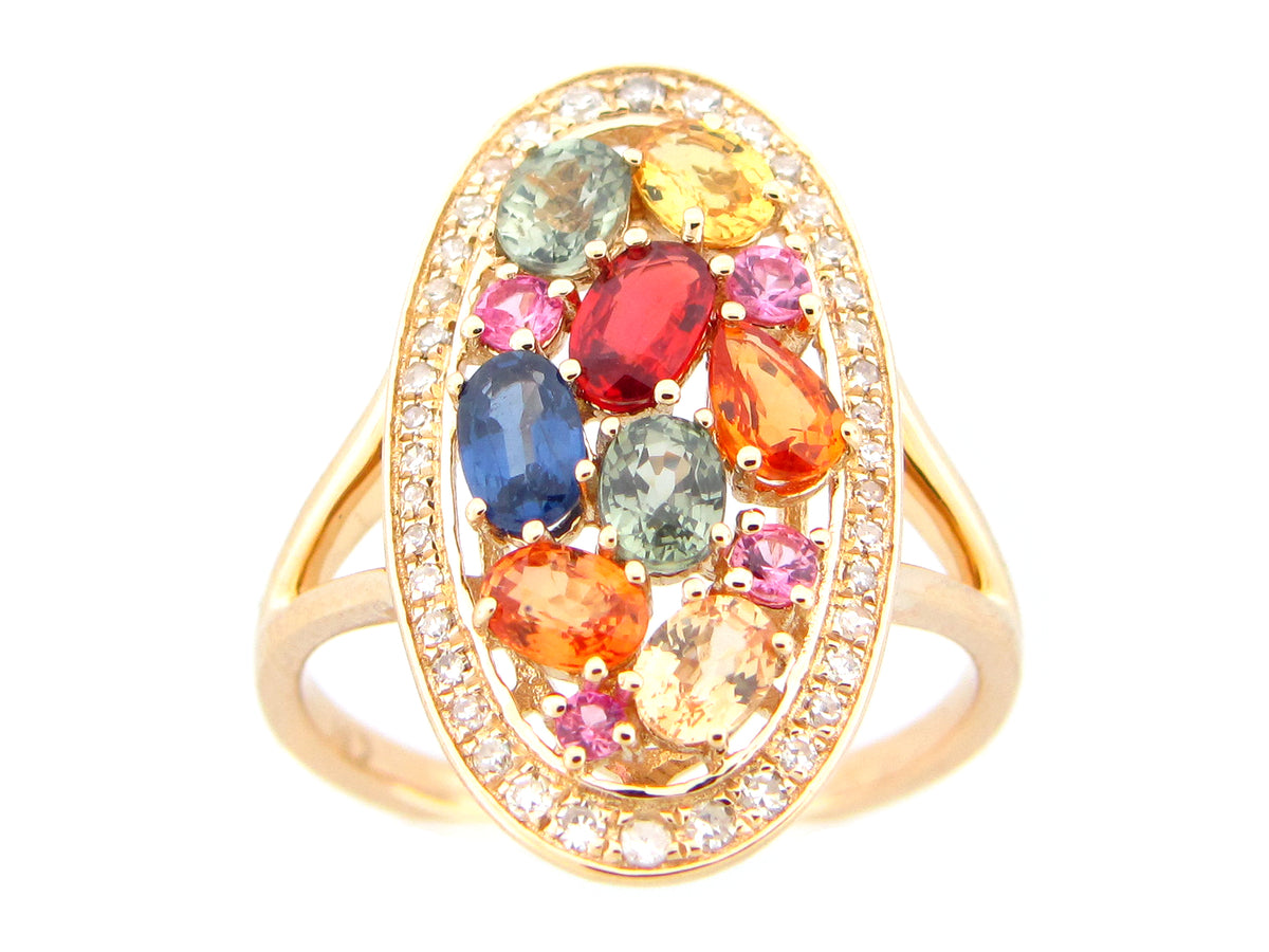 RAINBOW SAPPHIRE & DIAMOND OVAL CLUSTER RING, 14KY (H/U)