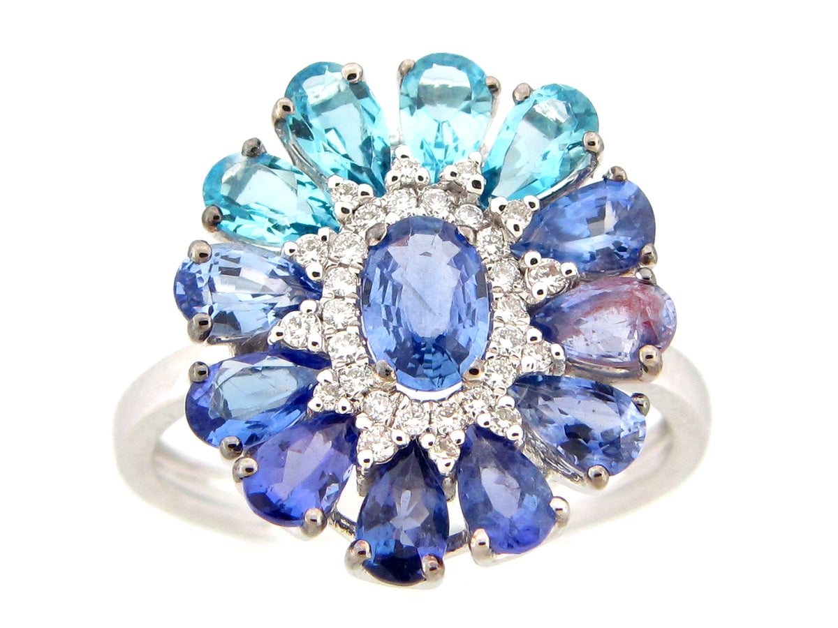BLUE SAPPHIRE, TANZANITE, BLUE TOPAZ, & DIAMOND FLOWER RING, 14KW (H/R)