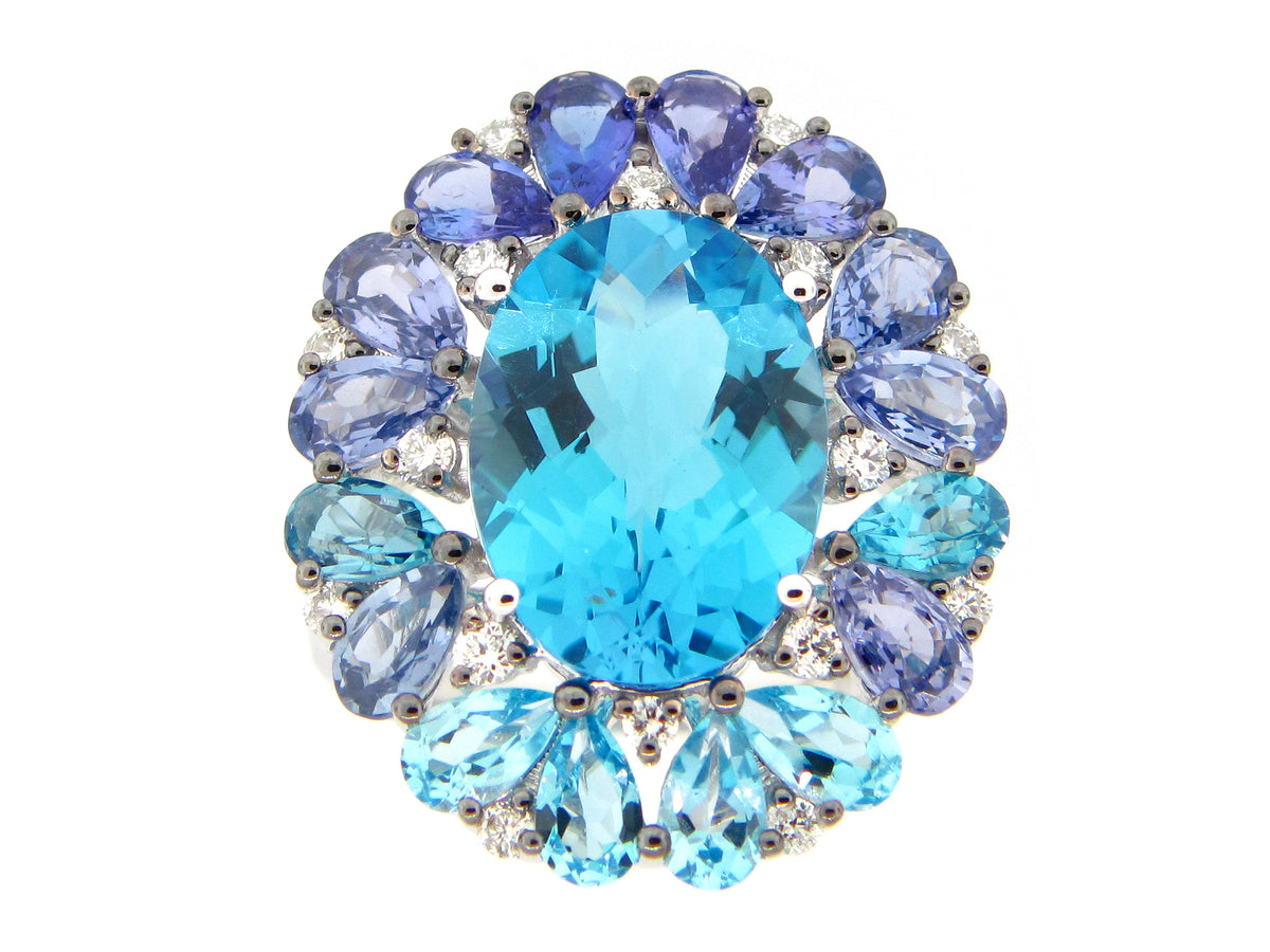 CHB OVAL BLUE TOPAZ,TANZANITE, SAPPHIRE & DIAMOND RING, 14KW (H/R)