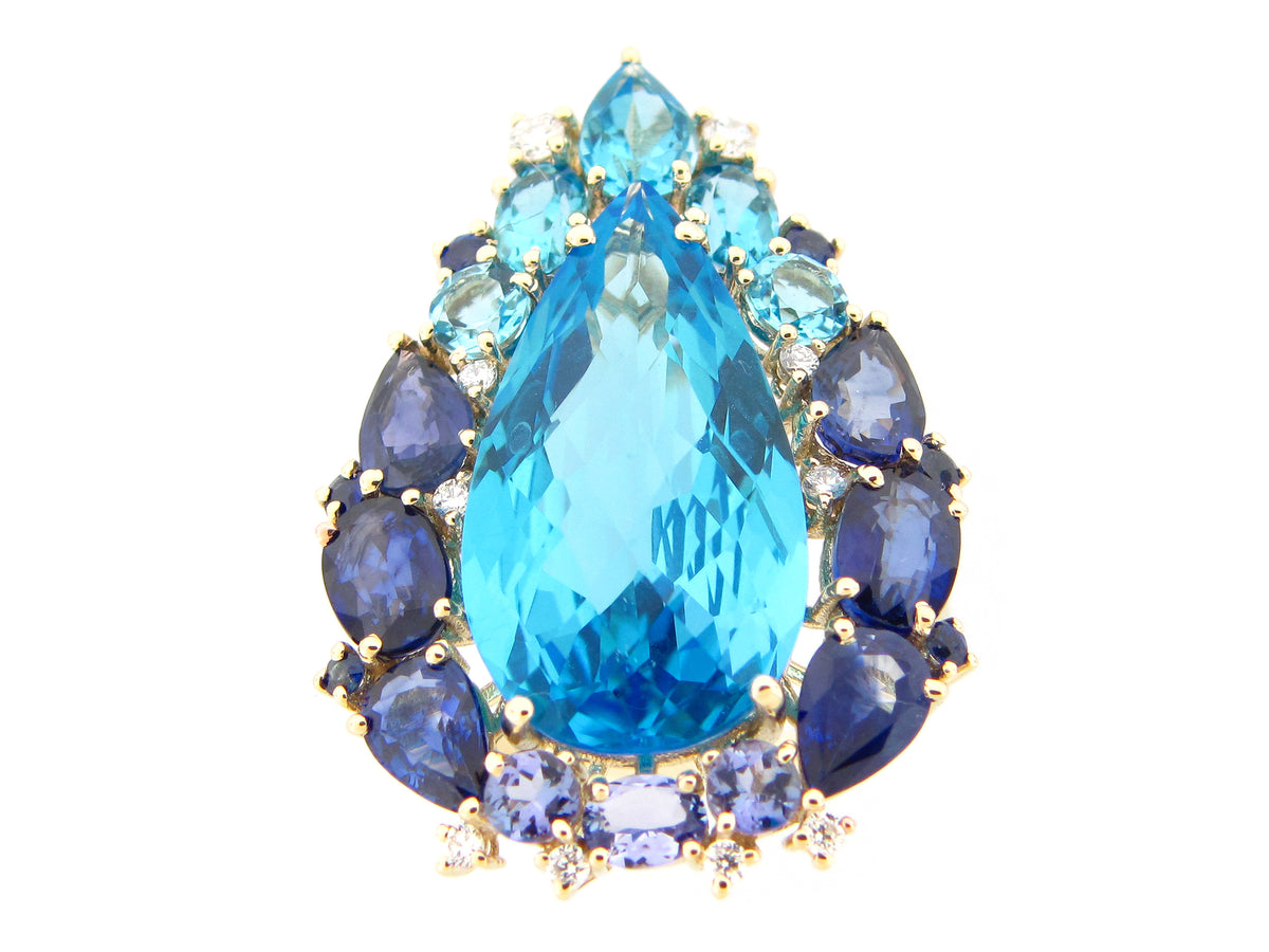 CHB PEAR SWISS BLUE TOPAZ, TANZANITE, SAPPH & DIA RING, 14KY (H/R)