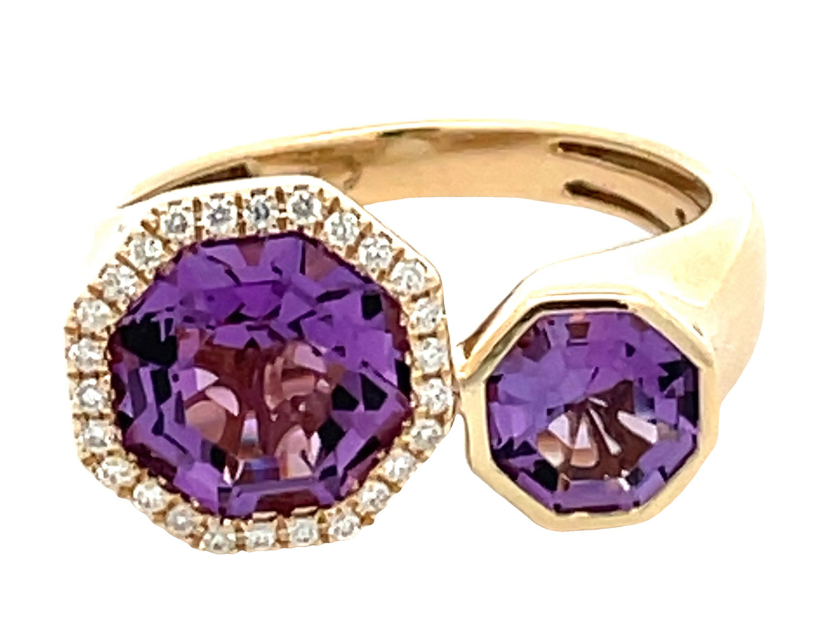 AMETHYST OCTAGON & DIAMOND HALO 2 STONE TOI ET MOI RING