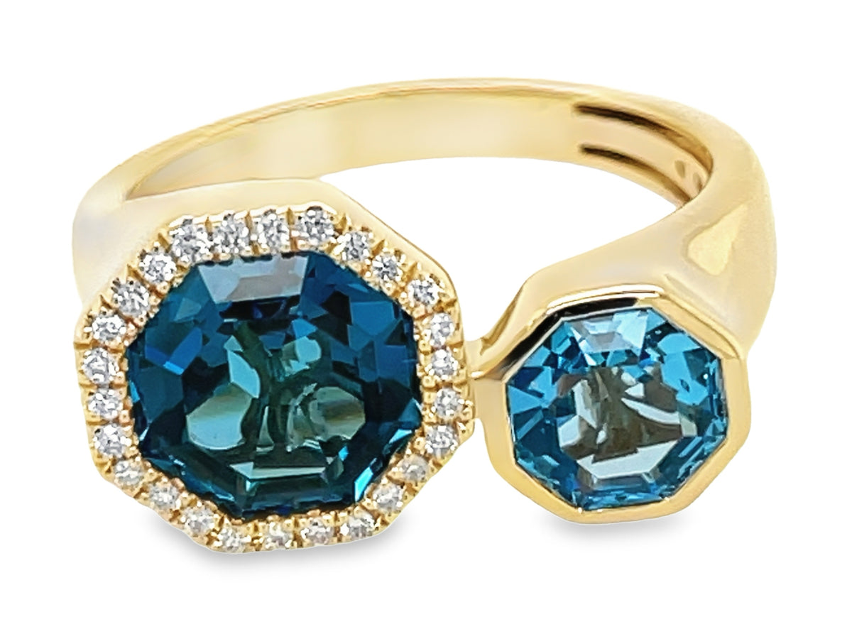 BLUE TOPAZ OCTAGON & DIAMOND HALO 2 STONE TOI ET MOI RING