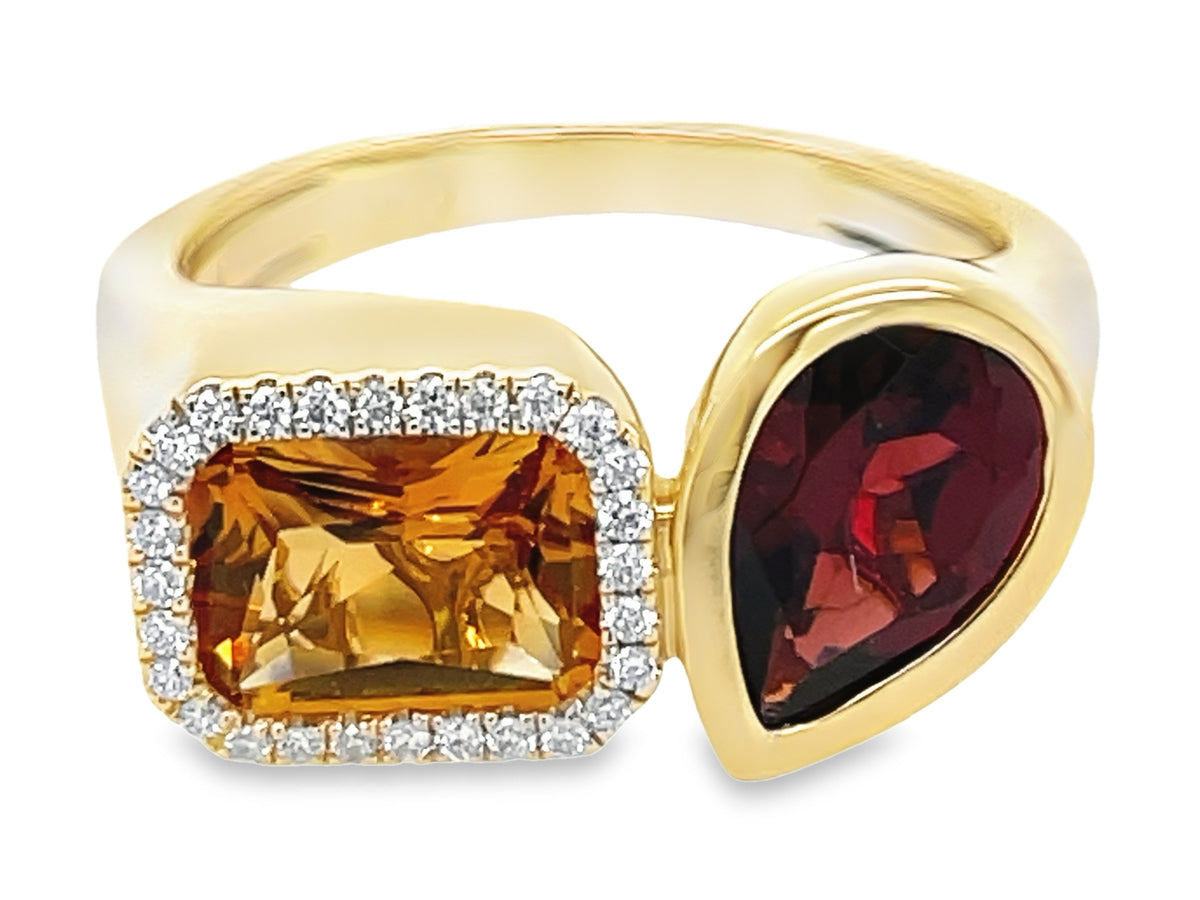 CITRINE E/C, GARNET PEAR & DIAMOND HALO 2 STONE TOI ET MOI RING