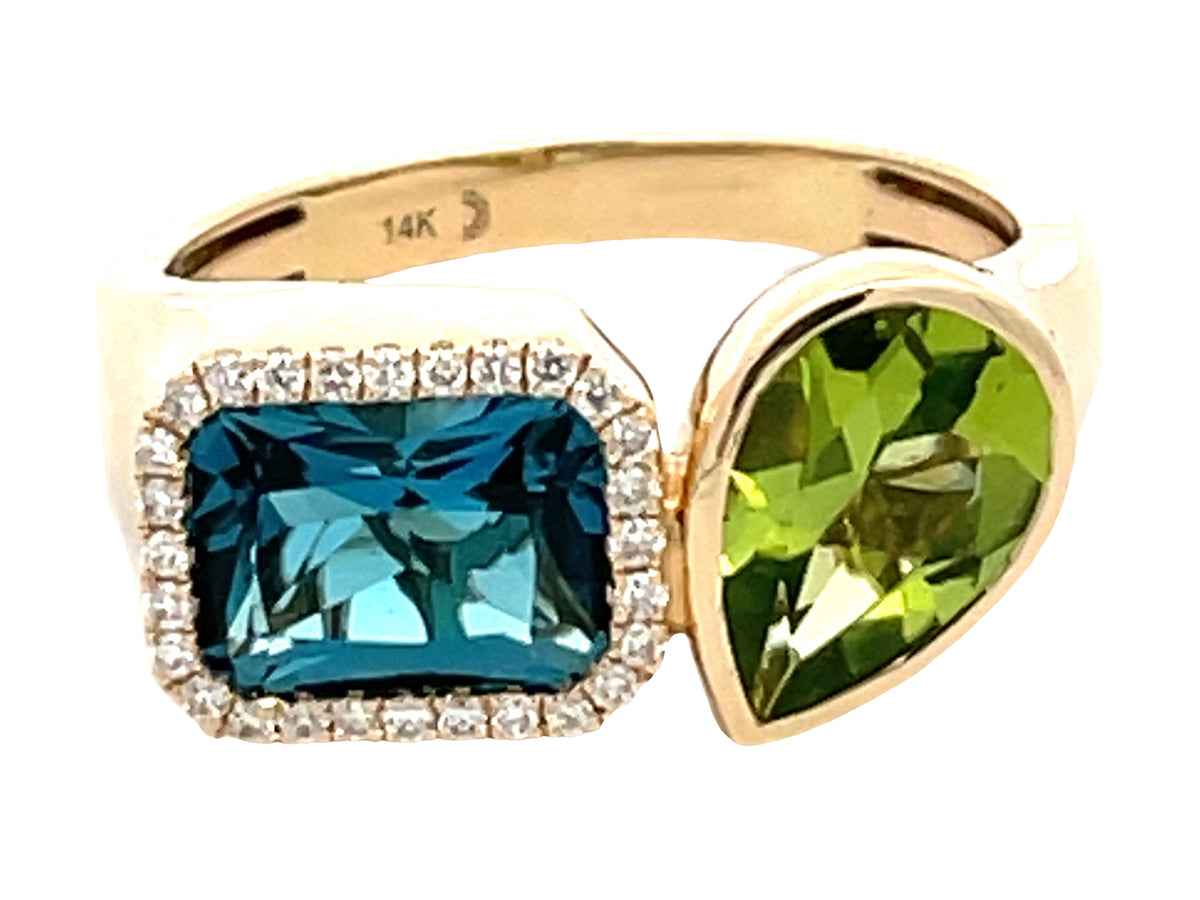 BLUE TOPAZ E/C, PERIDOT PEAR & DIAMOND HALO 2 STONE TOI ET MOI RING