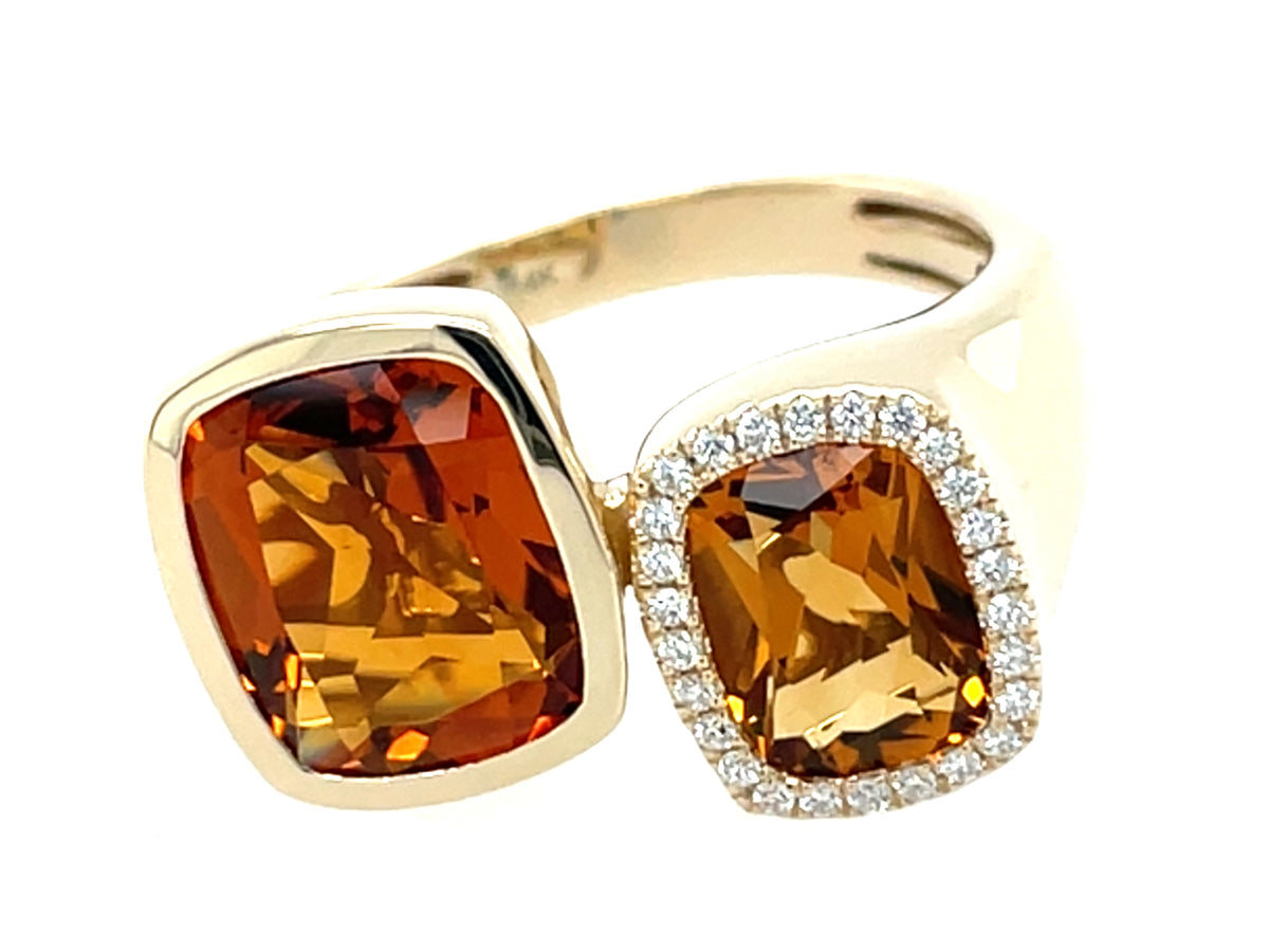 CITRINE CUSHION & DIAMOND HALO 2 STONE TOI ET MOI RING