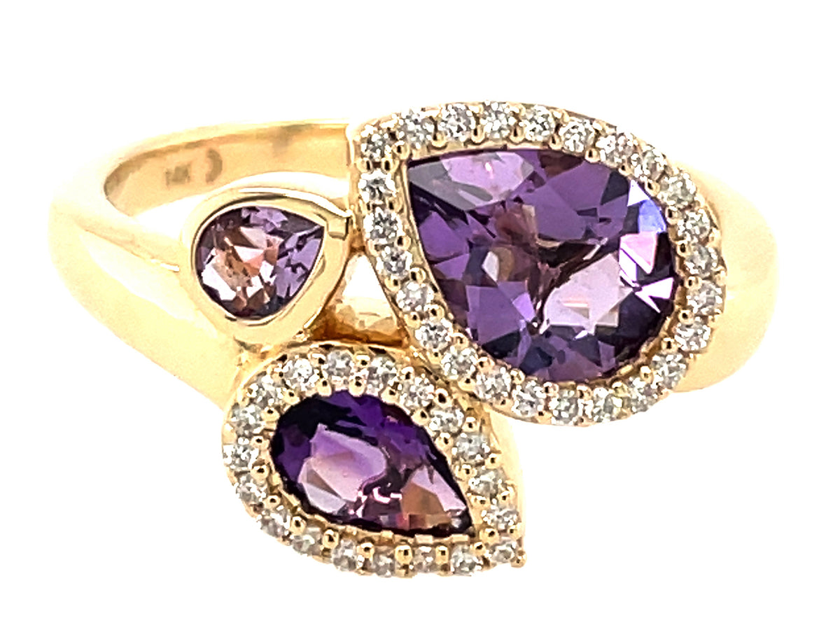 AMETHYST PEAR SHAPE 3 STONE & DIAMOND RING