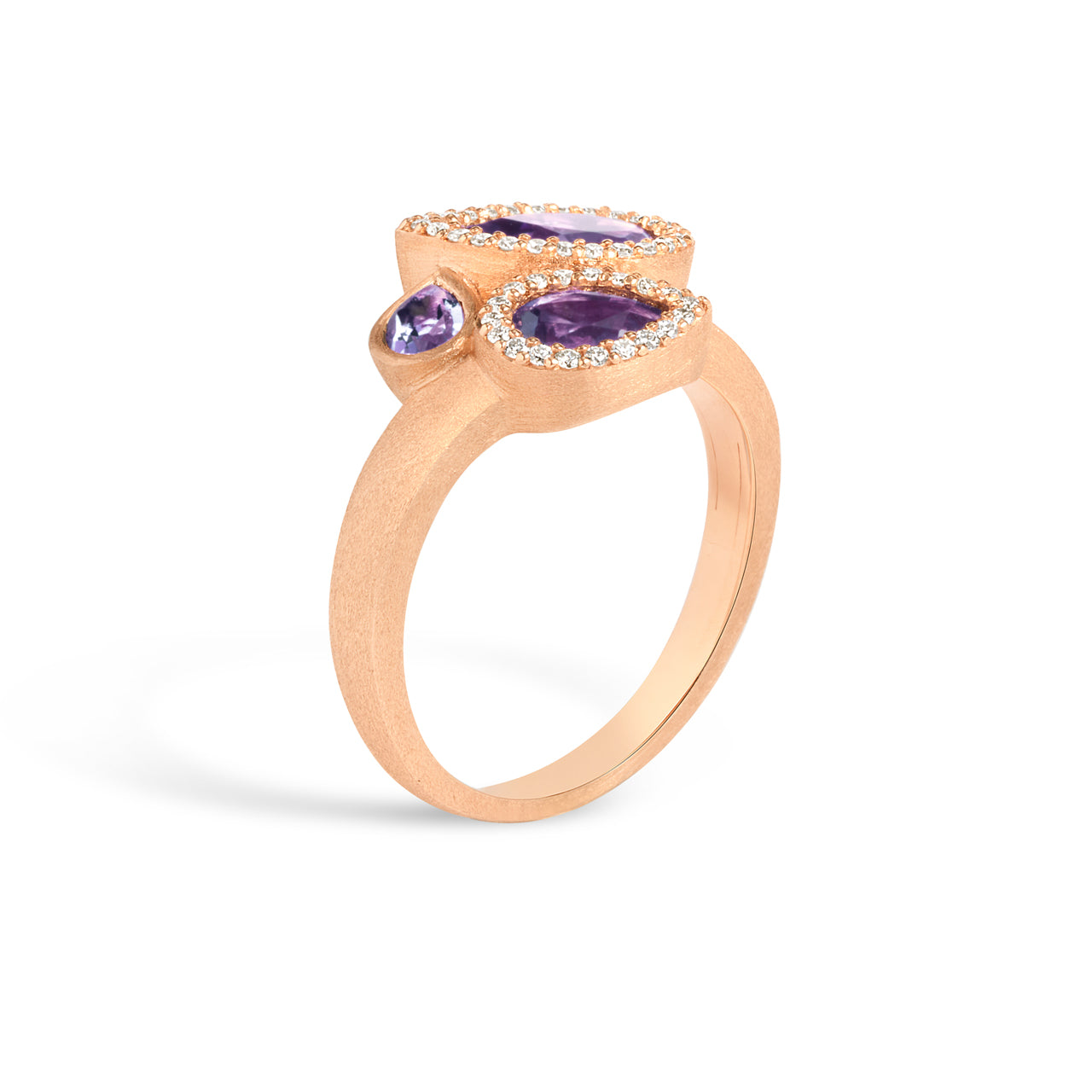 Amethyst & Diamond Pear Shape 3 Stone Ring