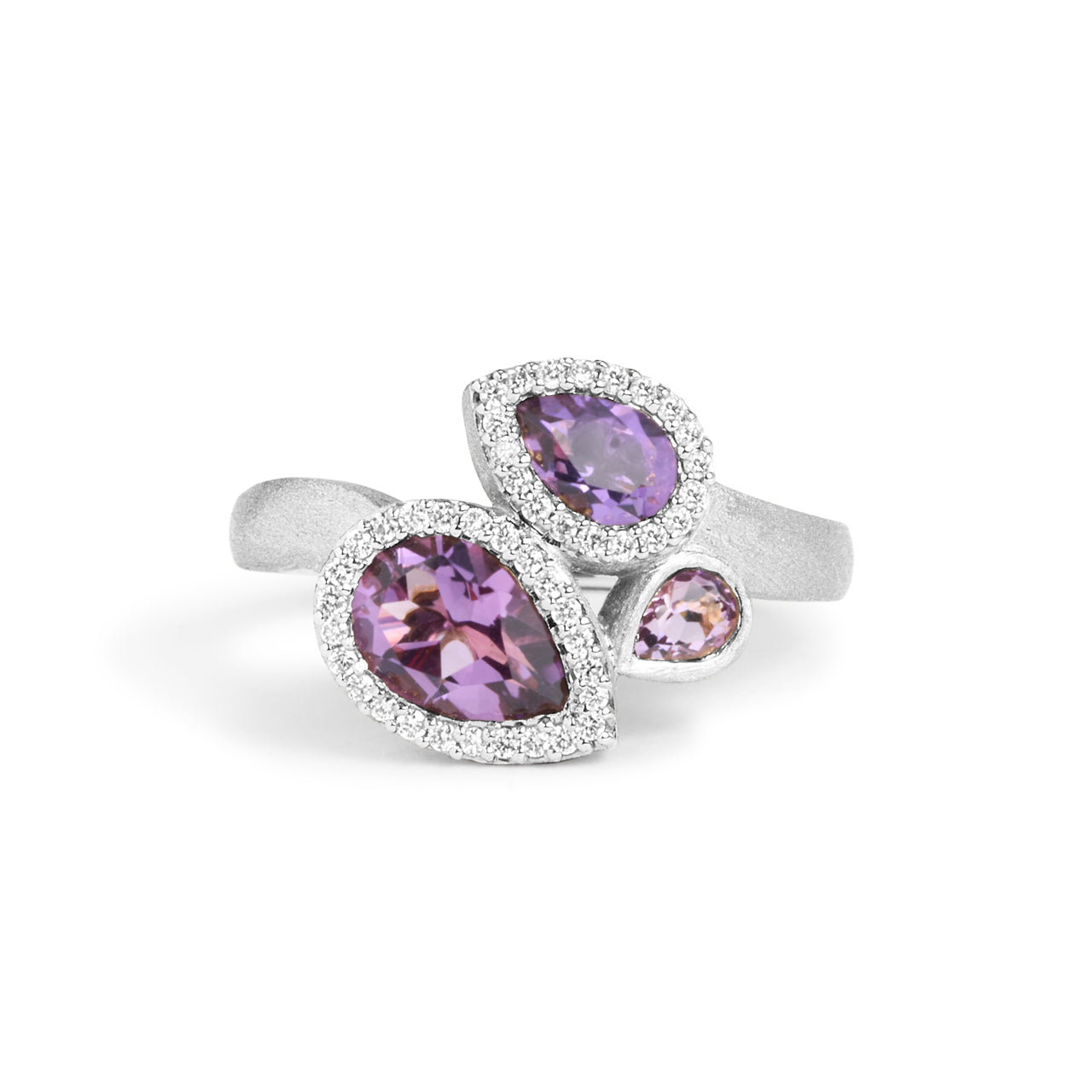 Amethyst & Diamond Pear Shape 3 Stone Ring
