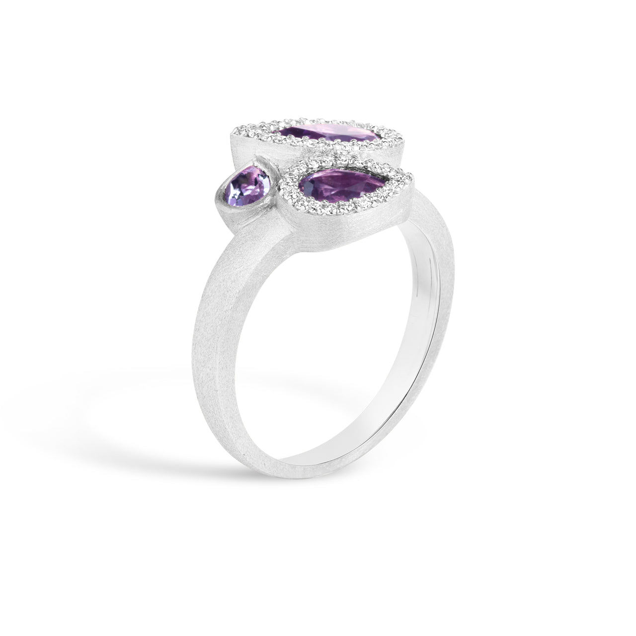 Amethyst & Diamond Pear Shape 3 Stone Ring