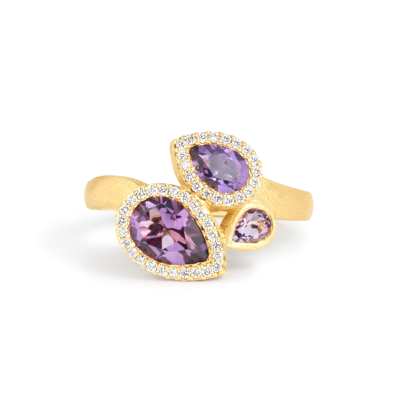 Amethyst & Diamond Pear Shape 3 Stone Ring