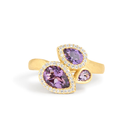 Amethyst & Diamond Pear Shape 3 Stone Ring