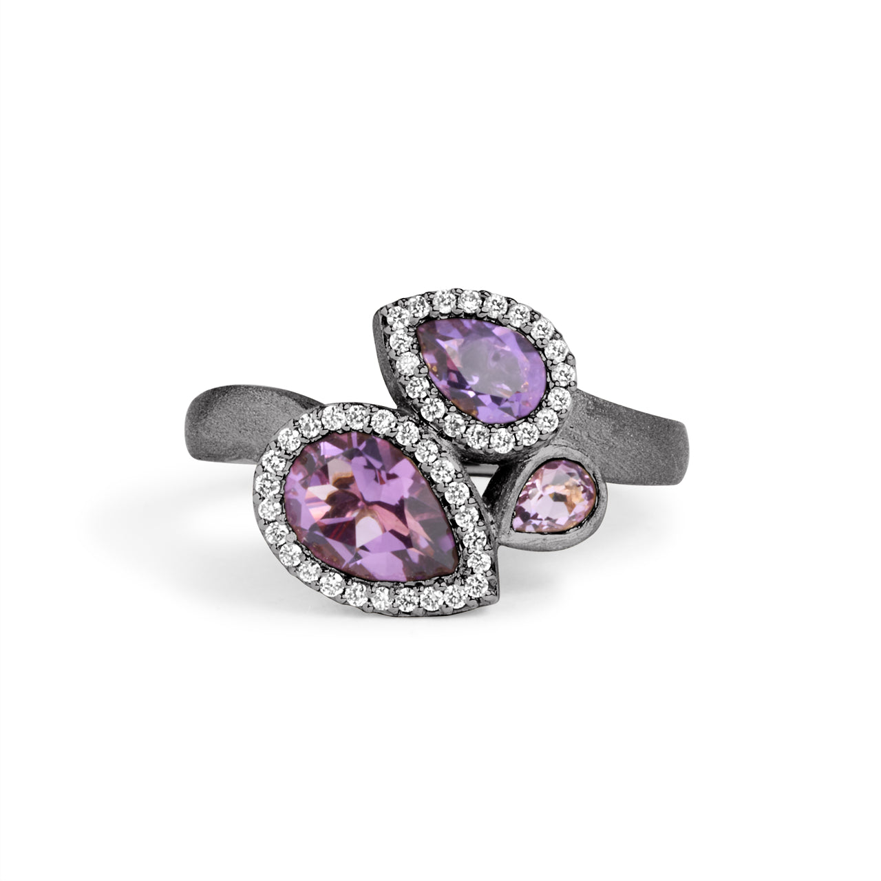 Amethyst & Diamond Pear Shape 3 Stone Ring