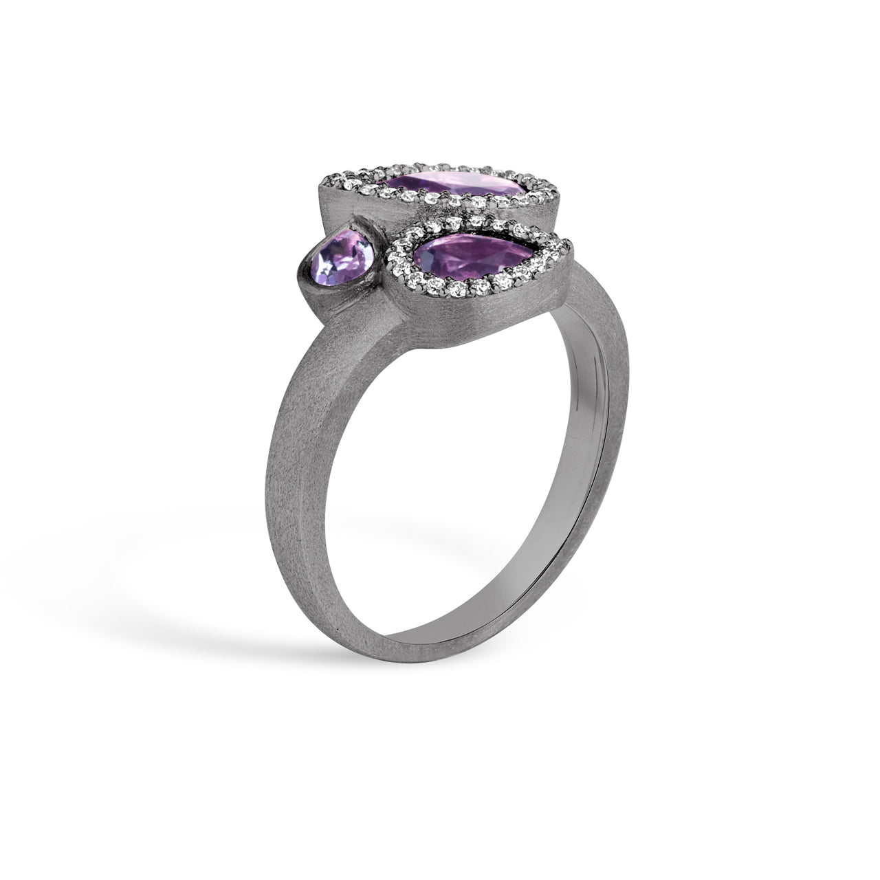 Amethyst & Diamond Pear Shape 3 Stone Ring