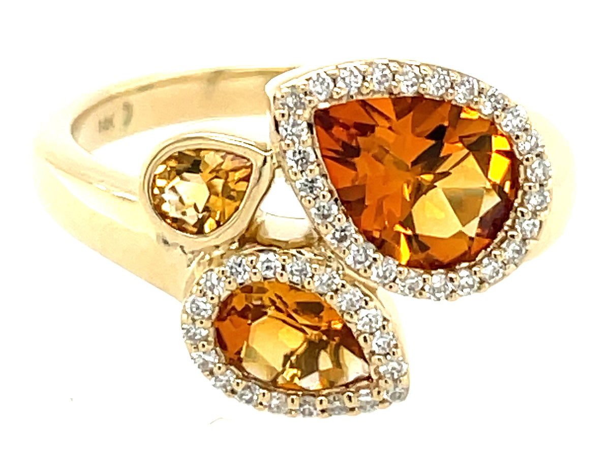 CITRINE PEAR SHAPE 3 STONE & DIAMOND RING