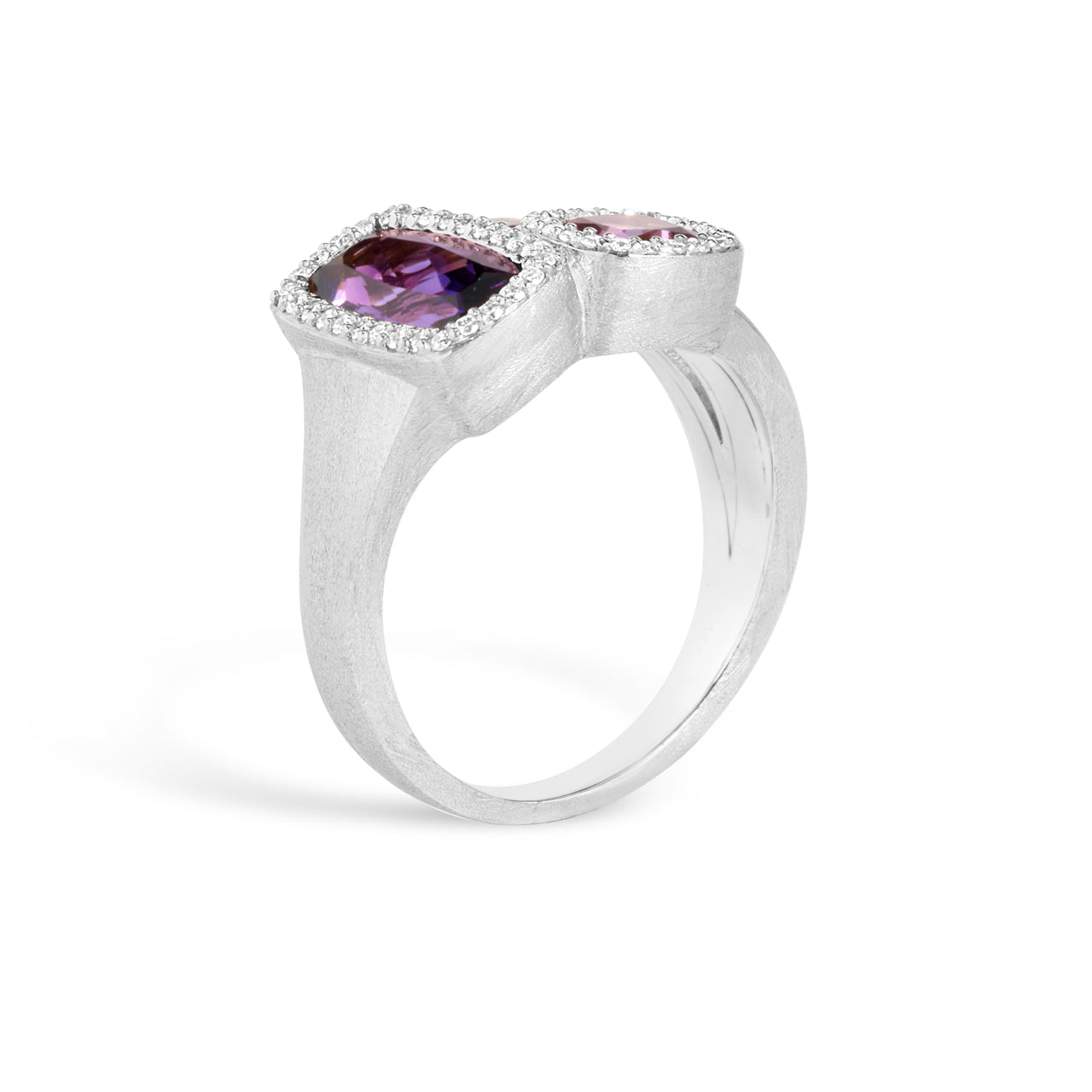Amethyst & Diamond Cushion 3 Stone Ring