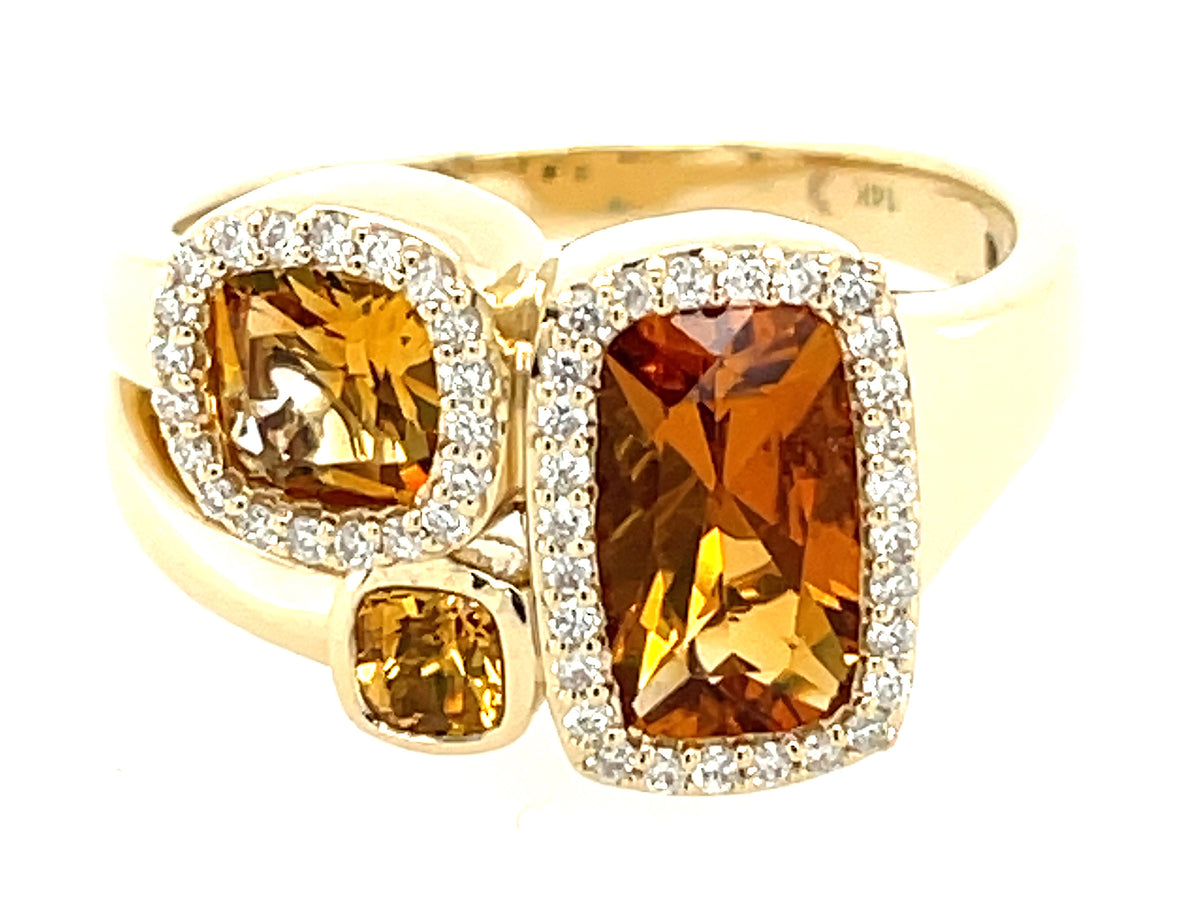 CITRINE CUSHION 3 STONE & DIAMOND RING