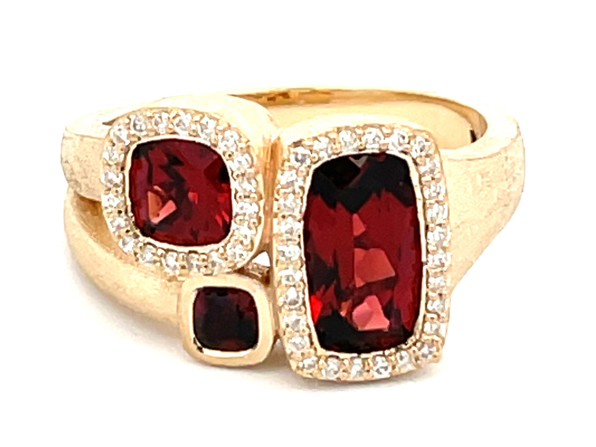 GARNET CUSHION 3 STONE & DIAMOND RING, SATIN FINISH