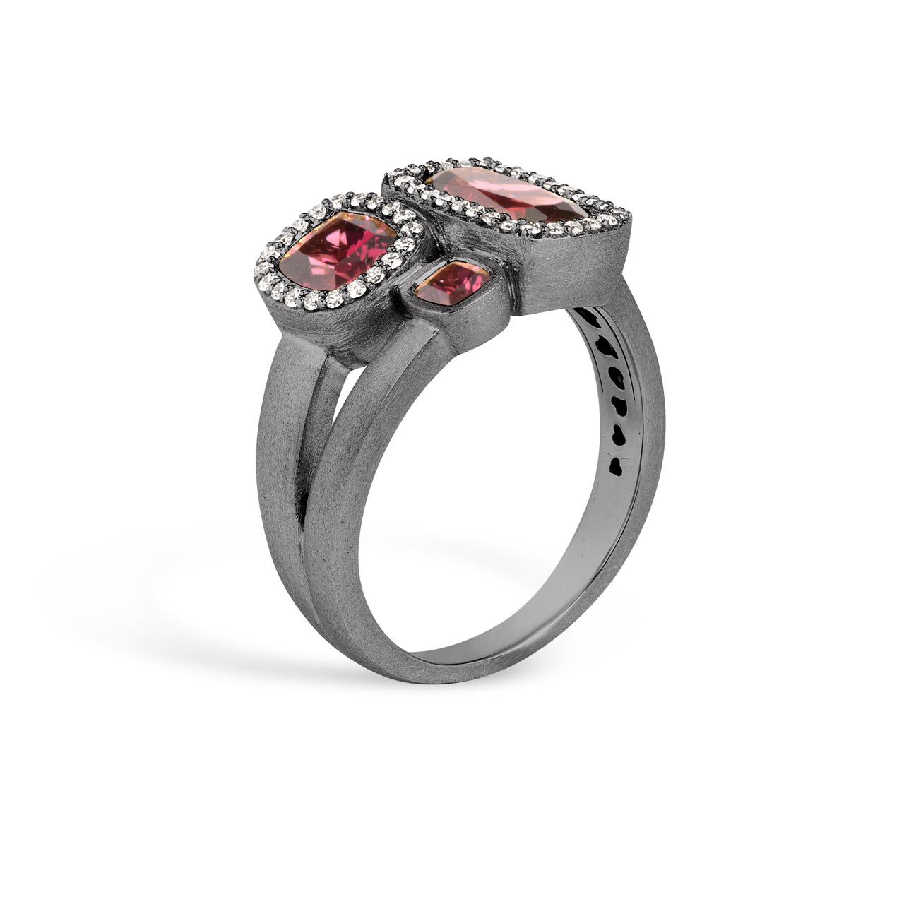 Rhodolite & Diamond Cushion 3 stone Ring