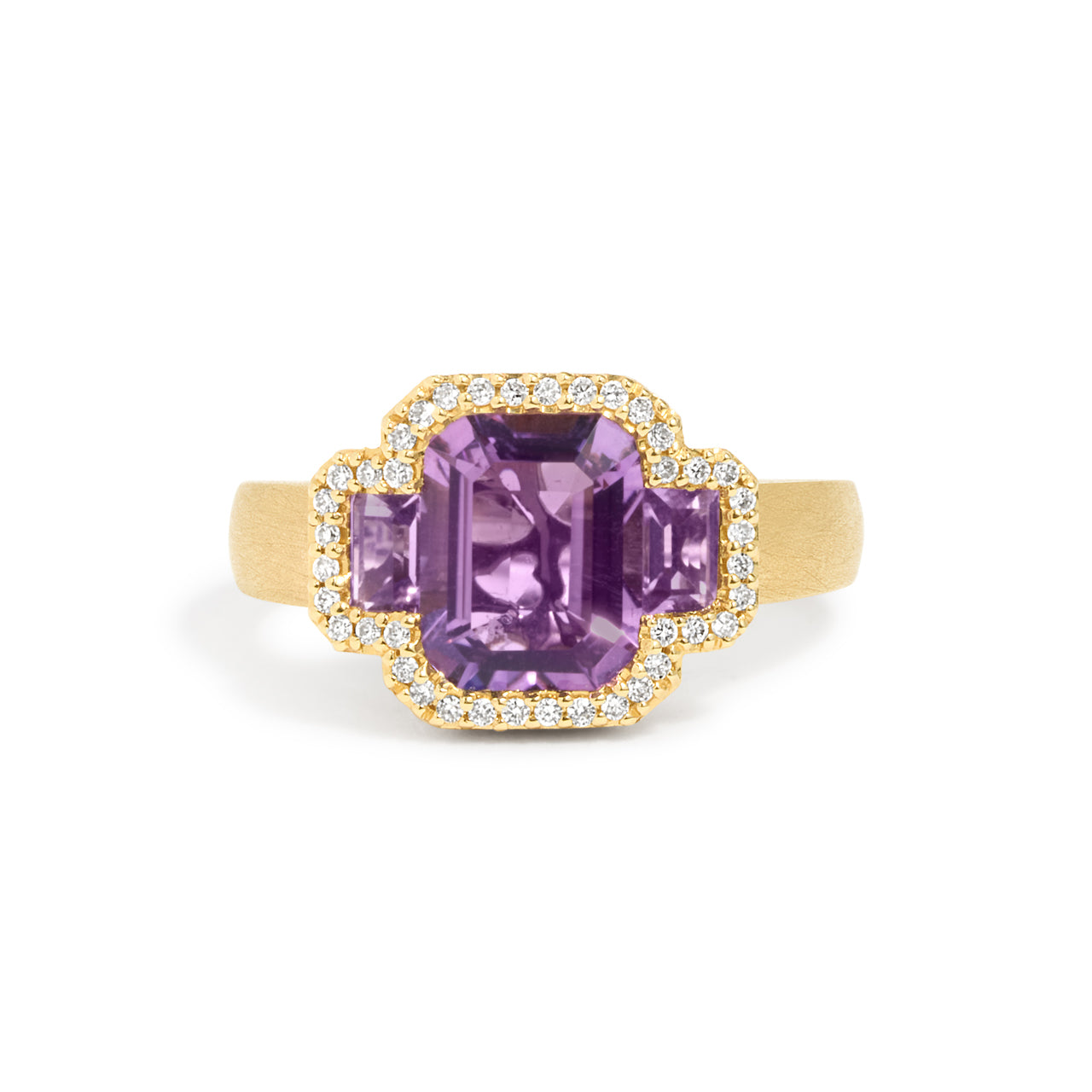 Amethyst & Diamond Emerald Cut 3 Stone Ring