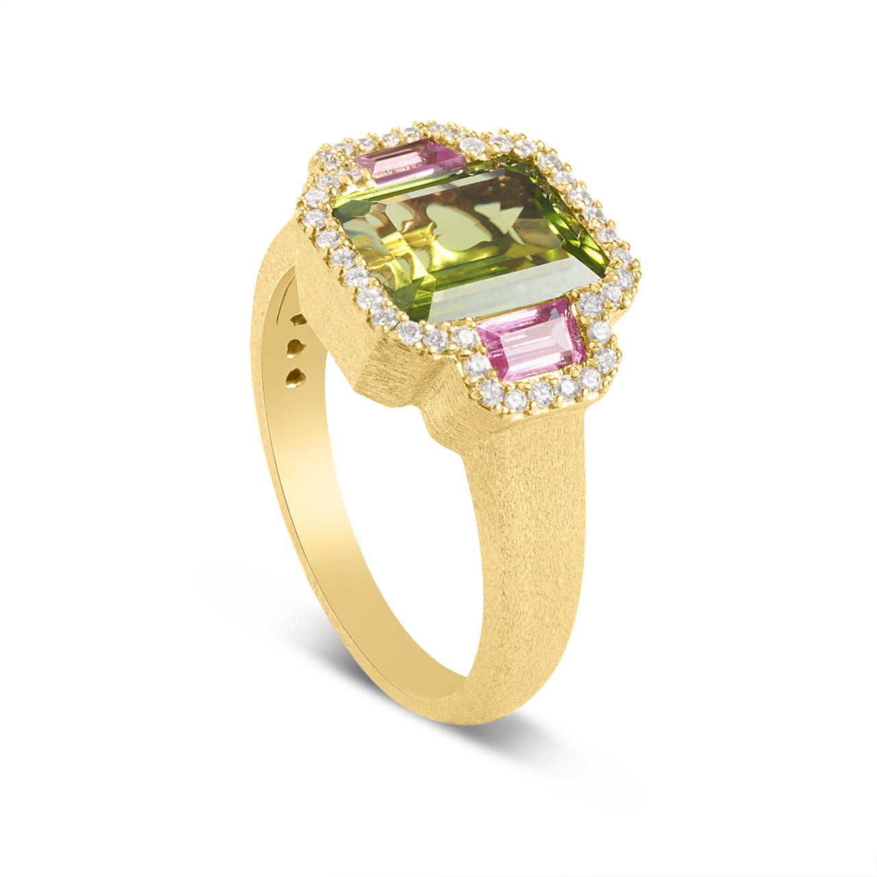 Peridot, Pink Sapphire & Diamond Emerald Cut 3 Stone Ring