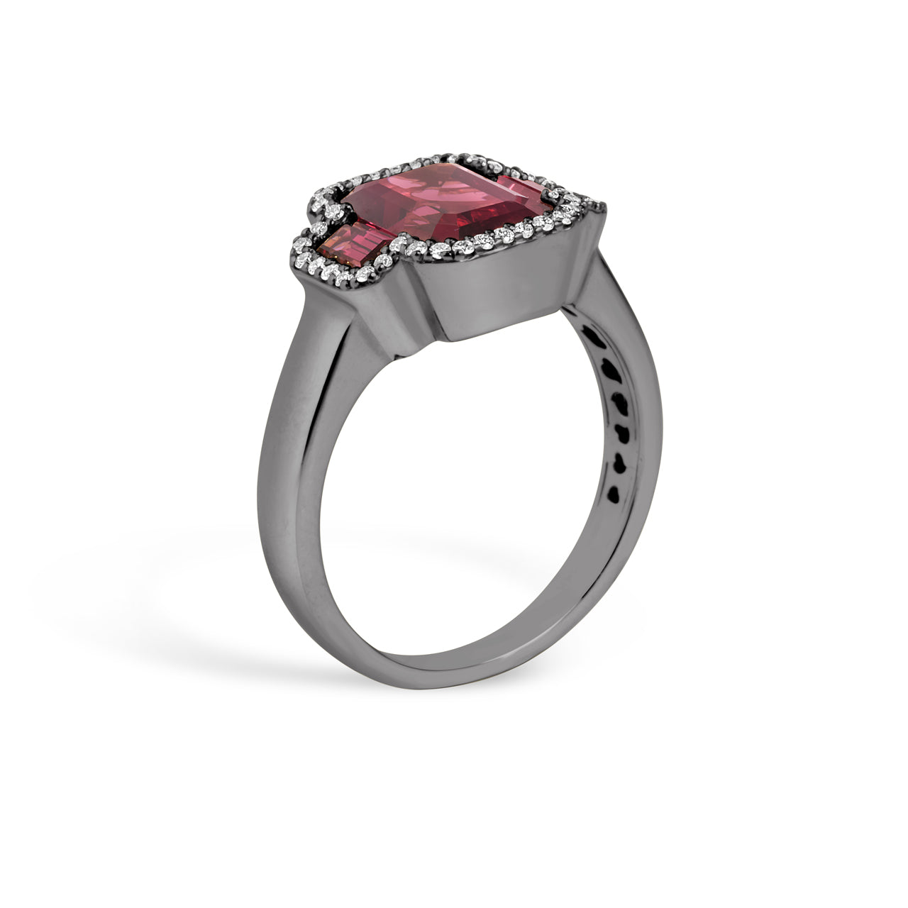 Rhodolite & Diamond Emerald Cut 3 Stone Ring