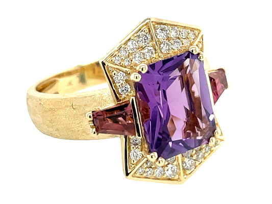AMETHYST & PINK TOURMALINE & DIAMOND 3 STONE SHIELD RING, SATIN FINISH