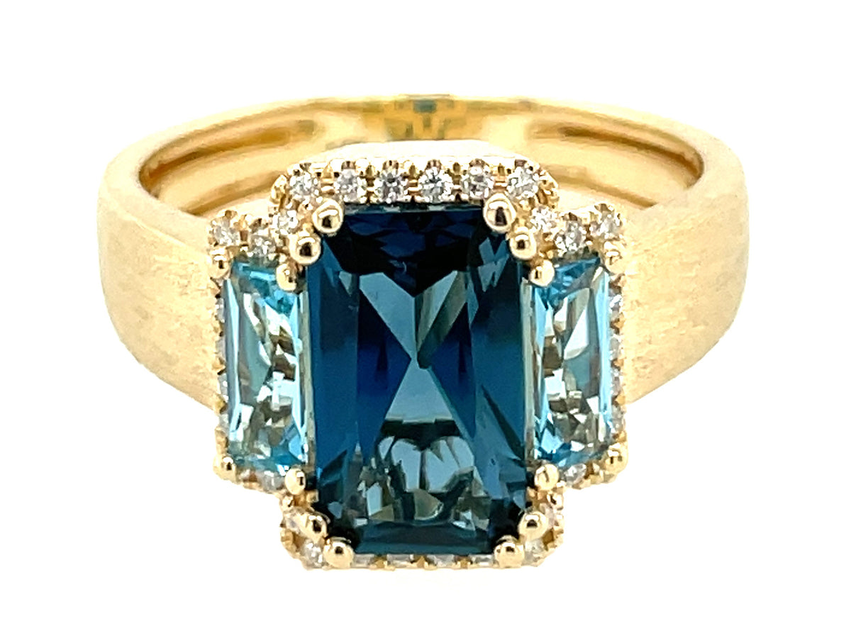 BLUE TOPAZ BAGUETTE 3 STONE & DIAMOND 3 STONE RING, SATIN FINISH