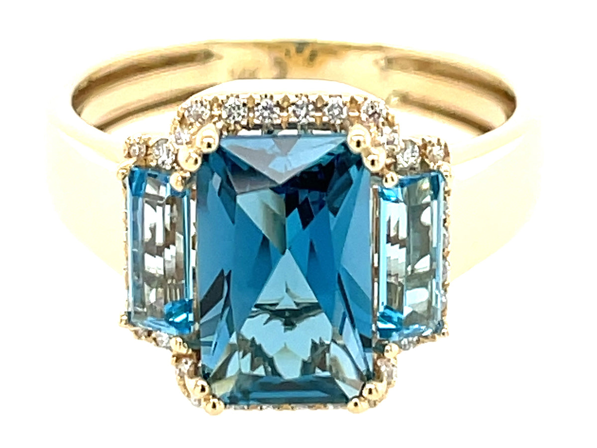 BLUE TOPAZ BAGUETTE 3 STONE & DIAMOND 3 STONE RING