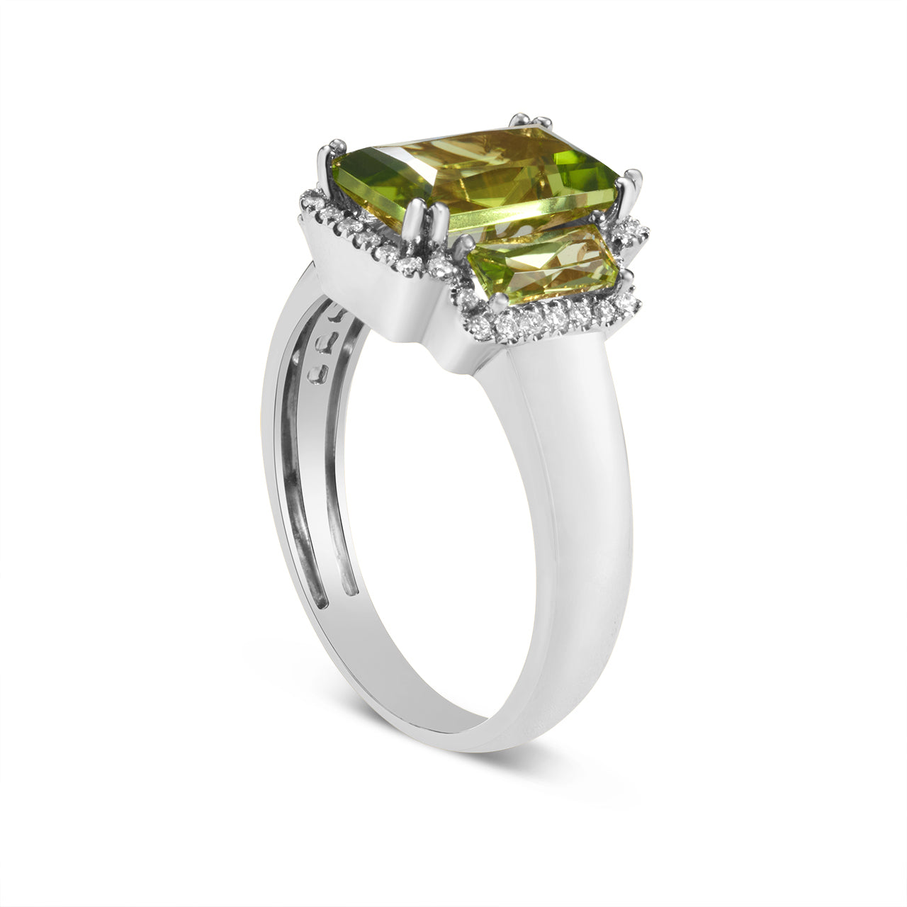 Peridot & Diamond Elongated 3 Stone Ring