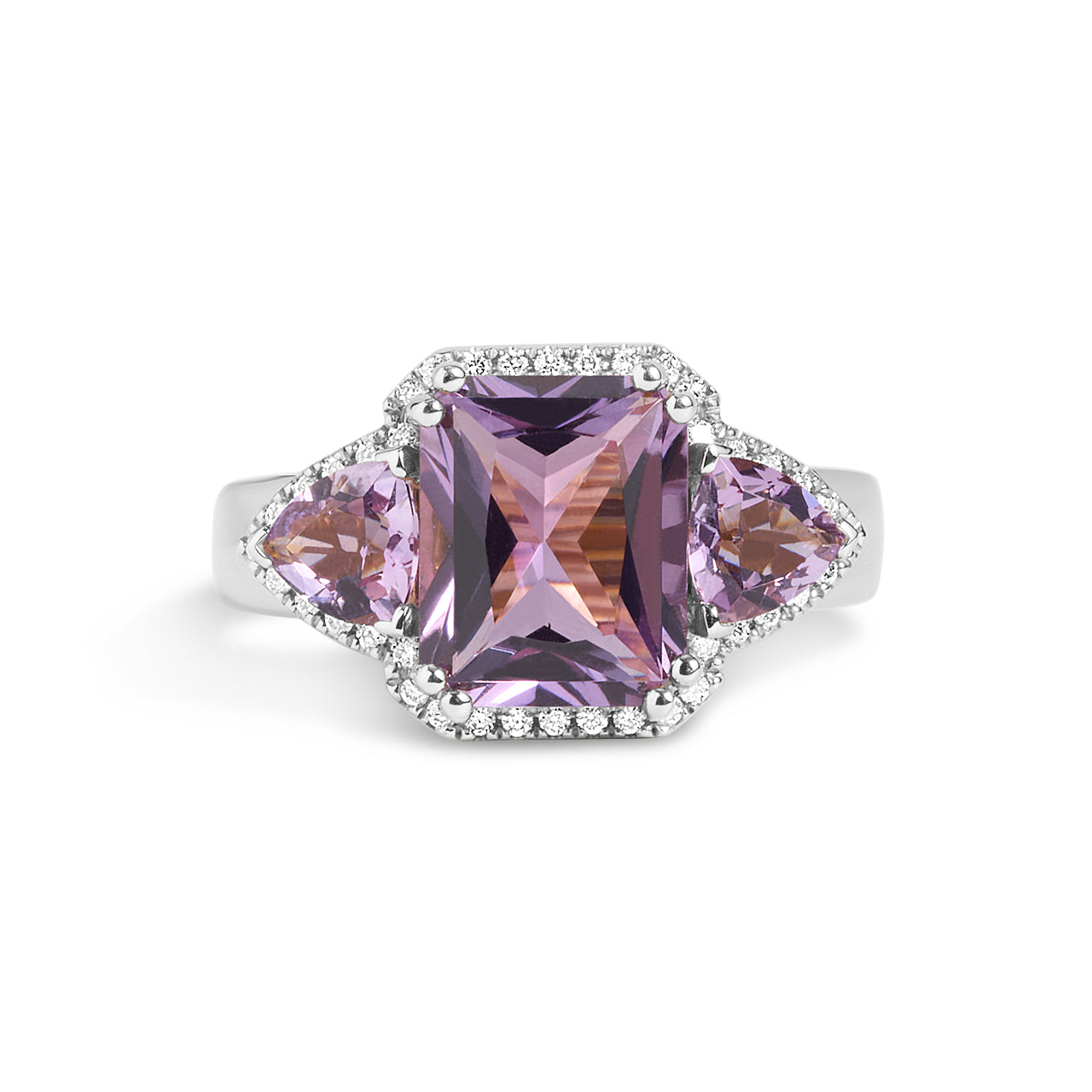 Amethyst & Diamond Radiant 3 Stone Ring