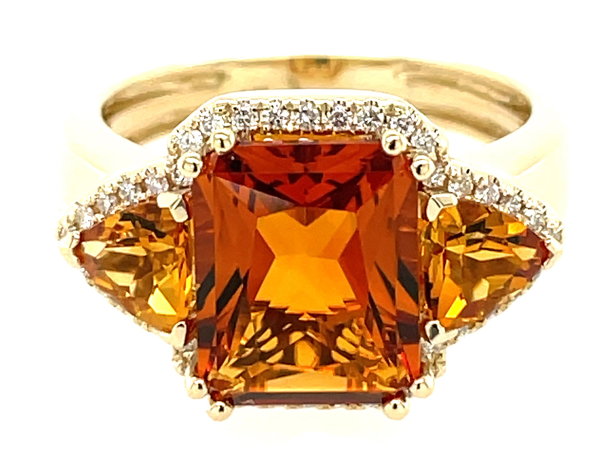CITRINE RADIANT 3 STONE & DIAMOND RING