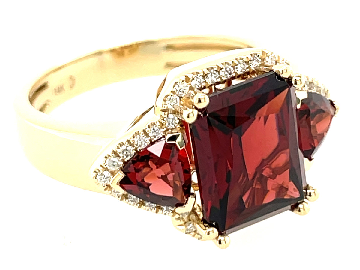 GARNET RADIANT 3 STONE & DIAMOND RING