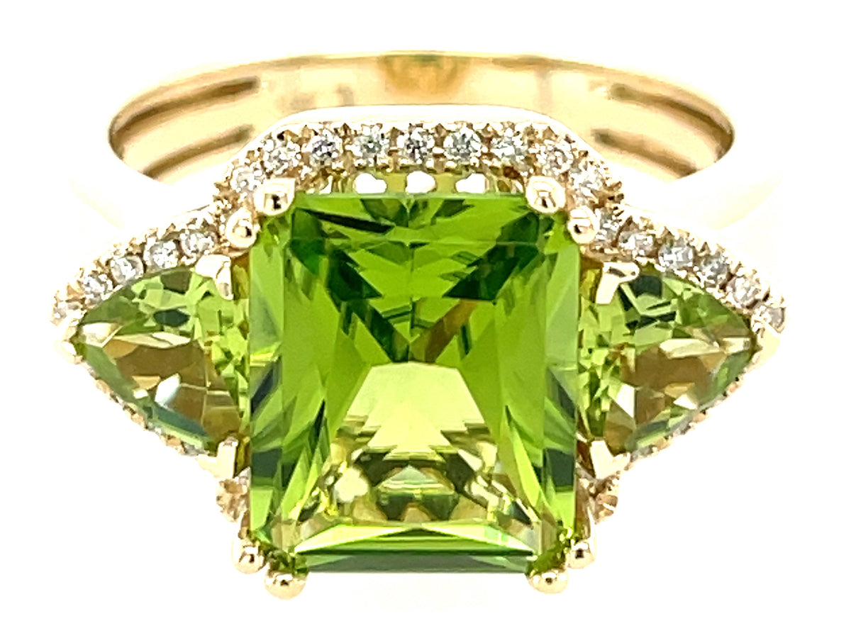 PERIDOT RADIANT 3 STONE & DIAMOND RING