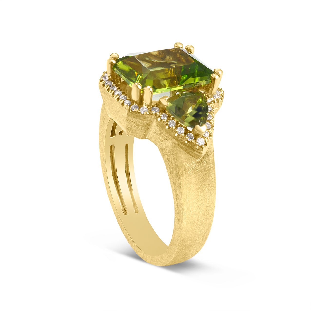 Peridot & Diamond Radiant 3 Stone Ring