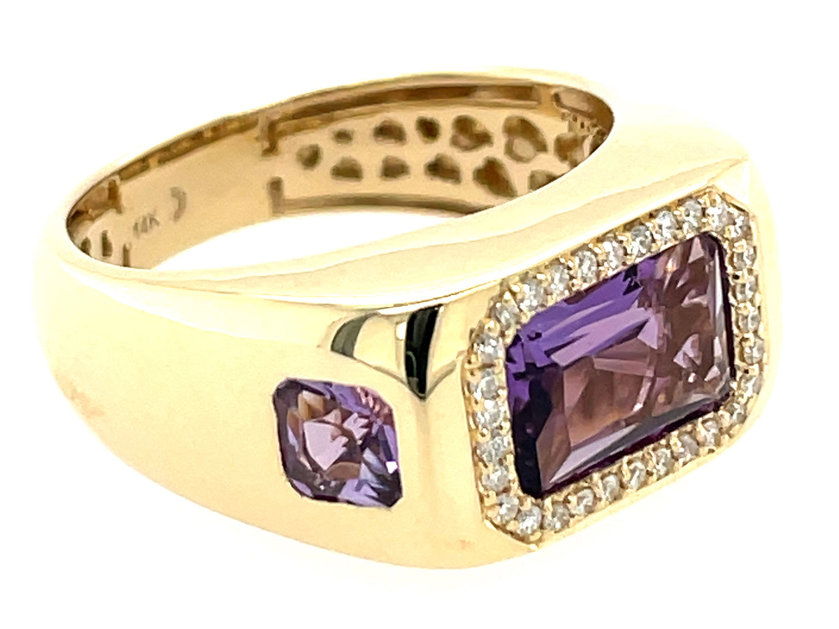 AMETHYST OCTAGON 3 STONE & DIAMOND RING