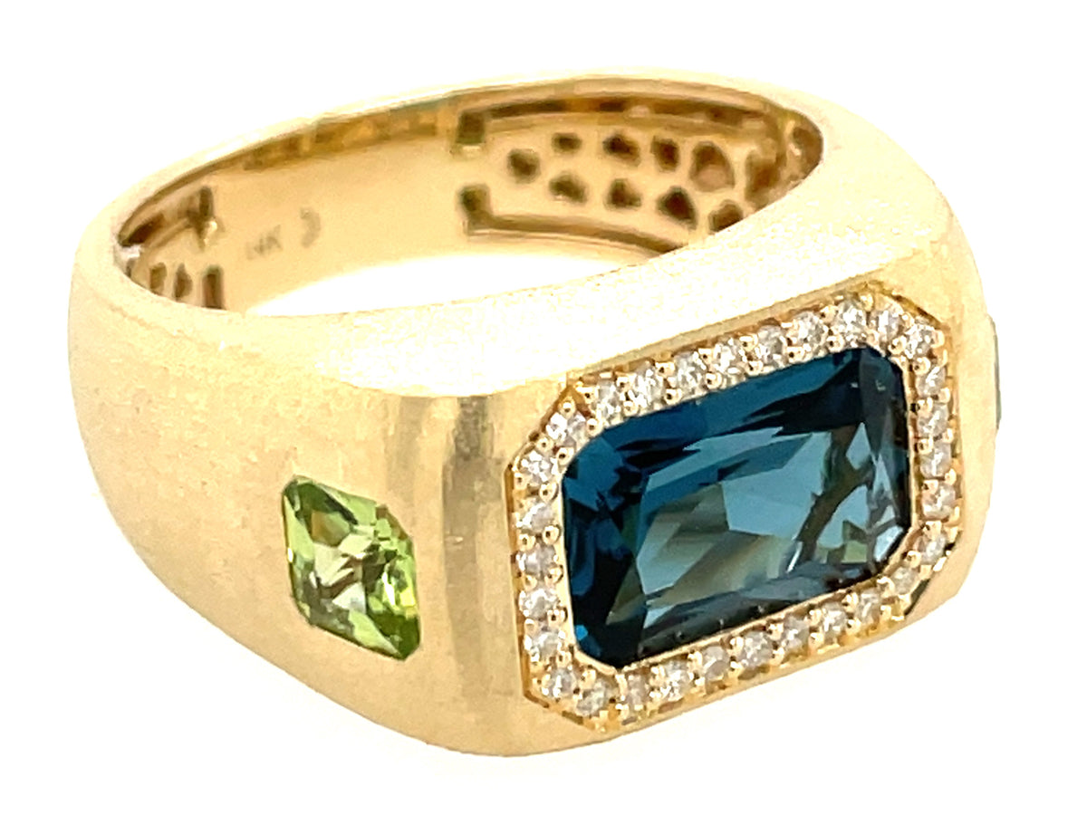 BLUE TOPAZ, PERIDOT OCTAGON 3 STONE & DIAMOND FLUSH SET RING, SATIN FINISH