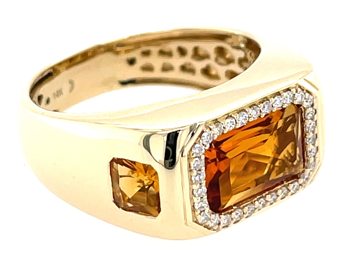 CITRINE OCTAGON 3 STONE & DIAMOND RING