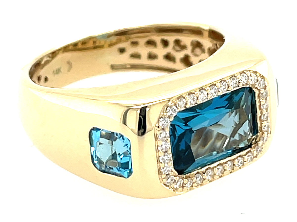 BLUE TOPAZ OCTAGON 3 STONE & DIAMOND RING