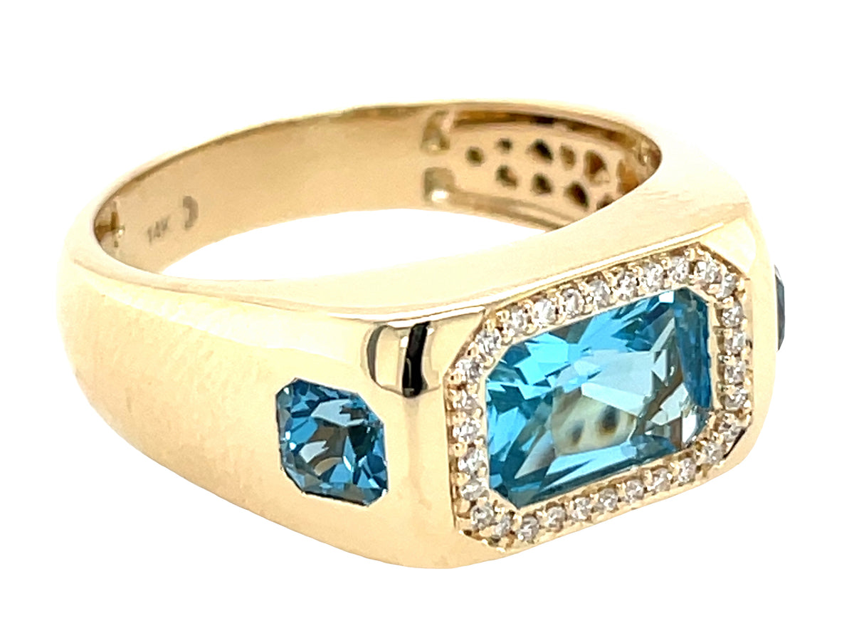 SWISS BLUE TOPAZ OCTAGON 3 STONE & DIAMOND RING
