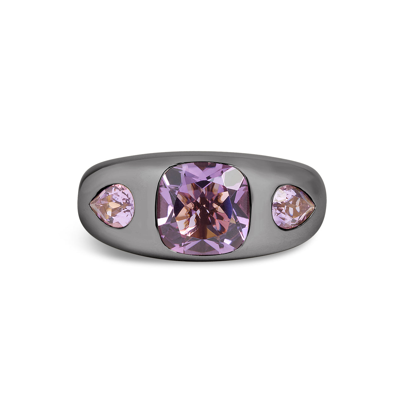 Amethyst Cushion & Pear 3 Stone Gypsy Ring