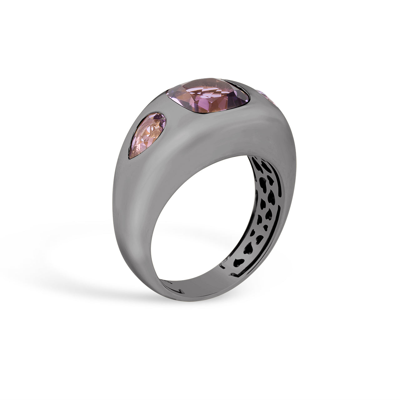 Amethyst Cushion & Pear 3 Stone Gypsy Ring